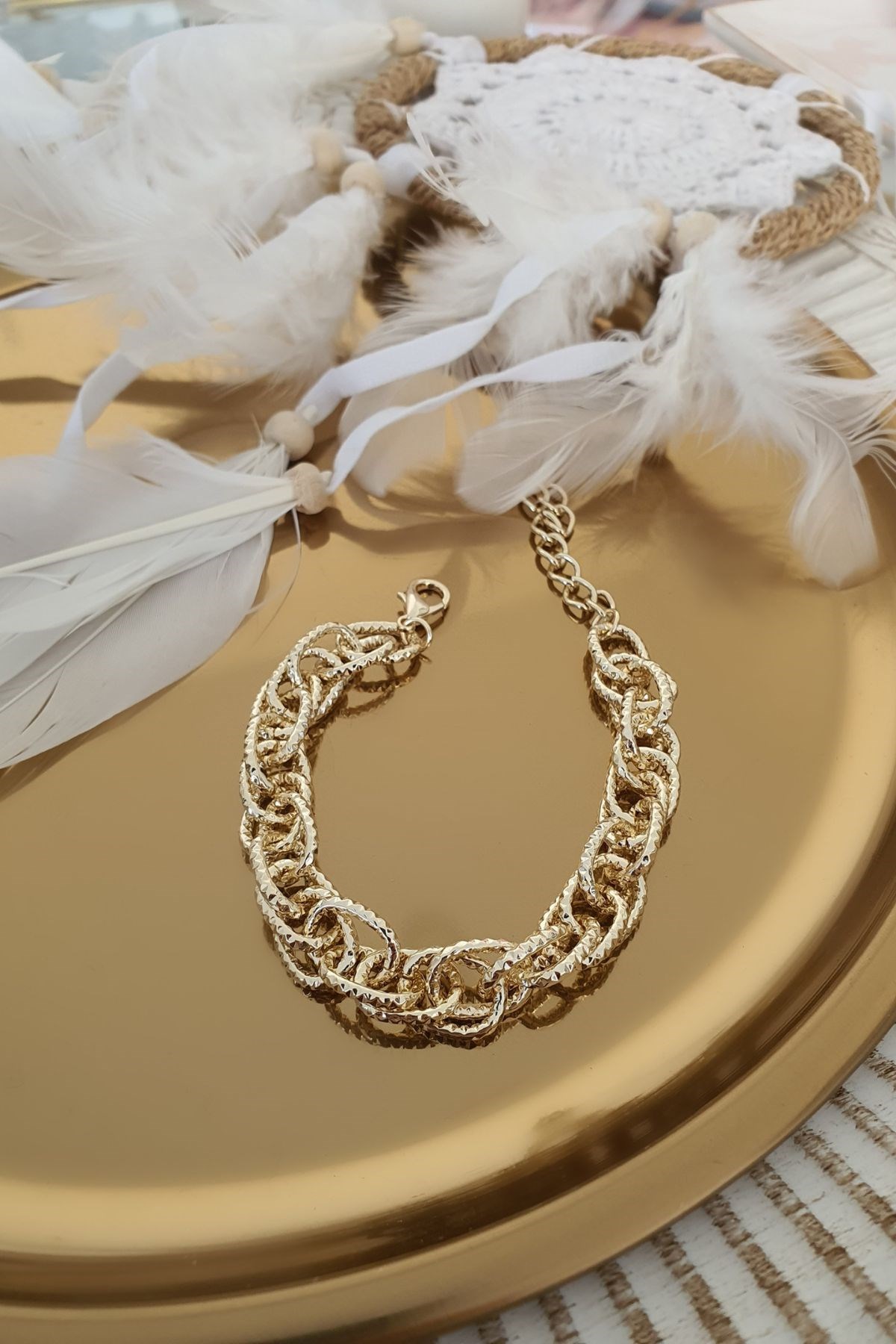 Lazer Kesimli Sarmal Model Zincir Bileklik Gold
