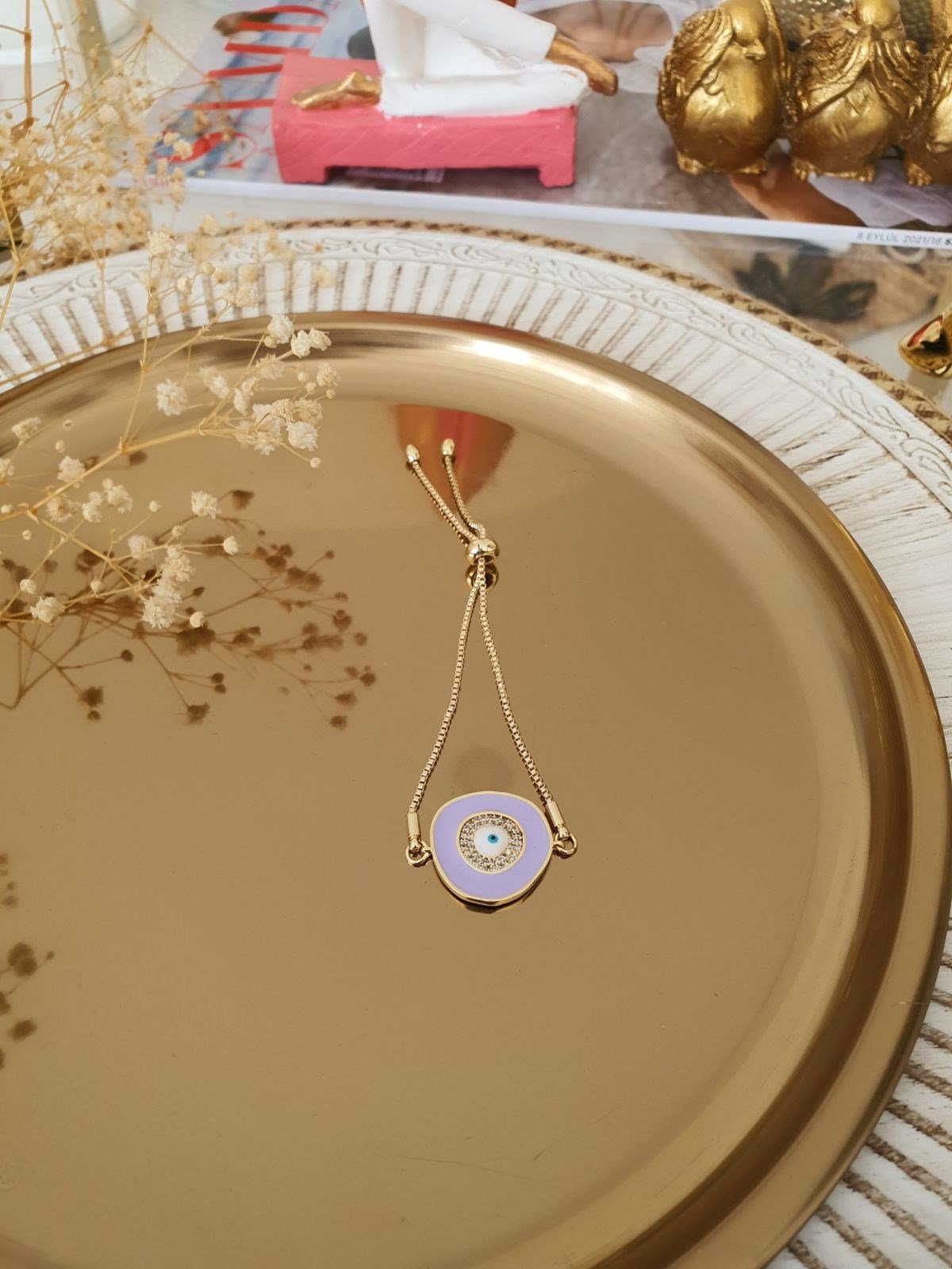 Lila Renk Nazar Model Asansör Ayarlı Bileklik Gold