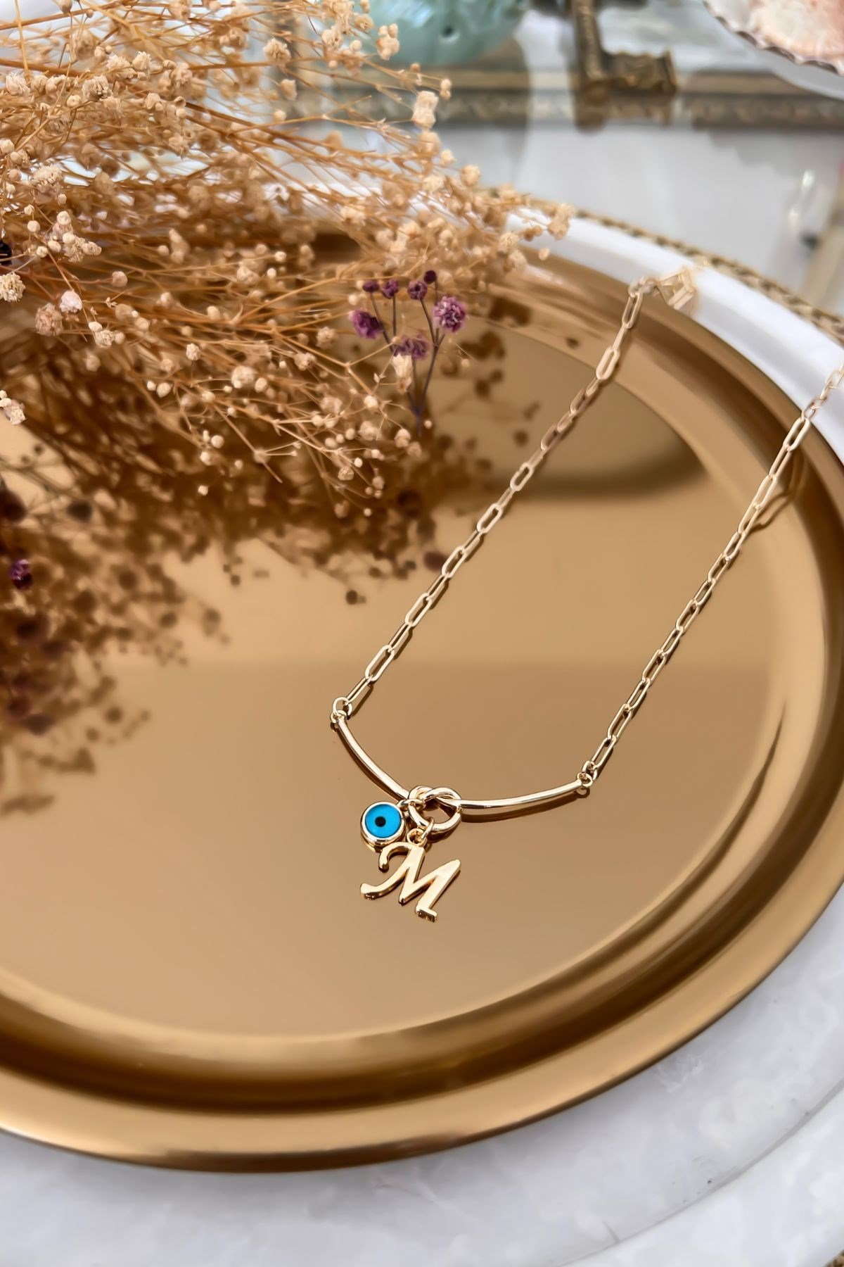 M Harfli ve Nazar Sallantılı Düğüm Kolye Gold