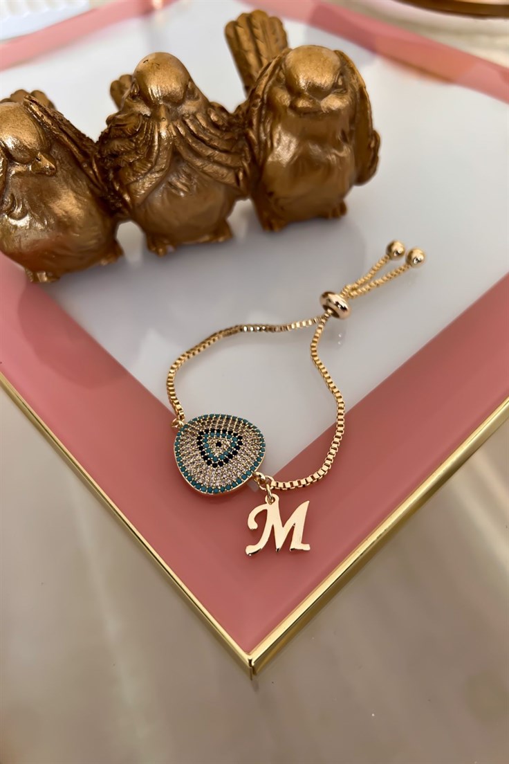 M Harfli Vip Nazar Model Asansör Ayarlı Bileklik Gold
