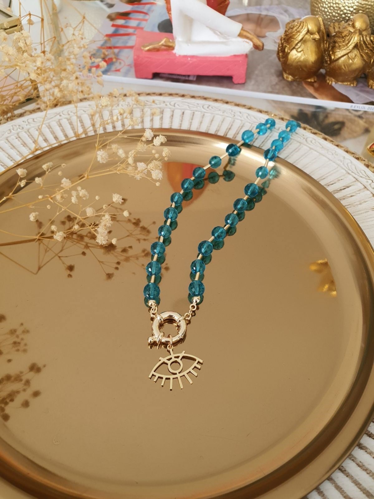 Mavi Boncuk Sıralı Göz Model Kolye Gold