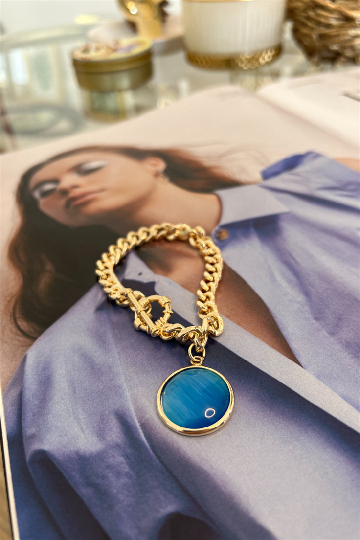 Mavi Cat Eyes Önden Kilitli Bileklik Gold