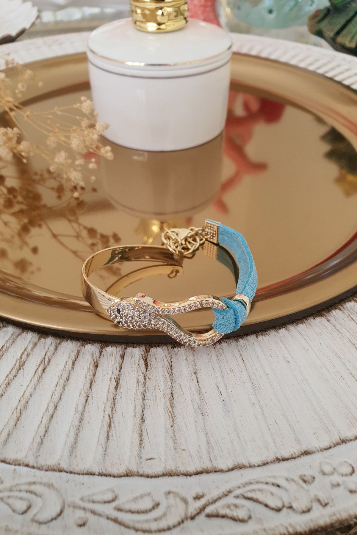 Mavi Derili Zirkon Taşlı Yılan Bileklik Gold