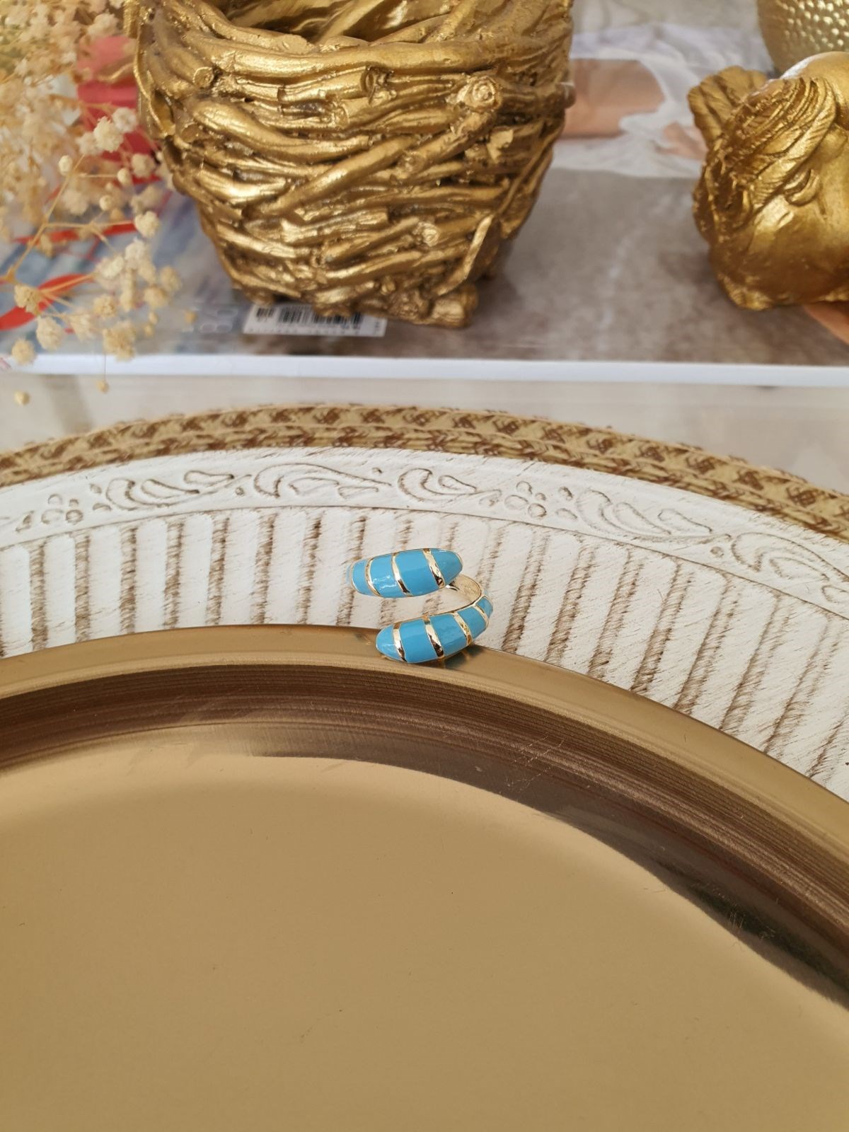 Mavi Gold Detaylı Sarmal Yüzük Gold