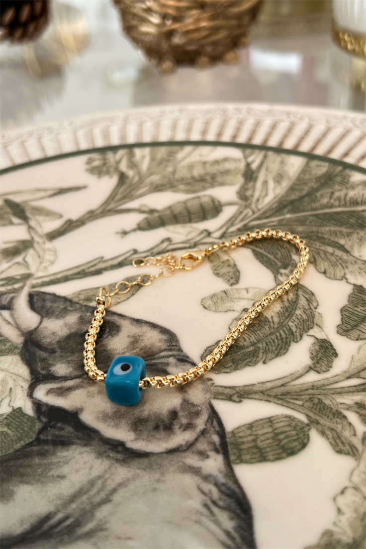 Mavi Gözlü Nostalji Boncuklu Yılan Zincir Model Künye Gold