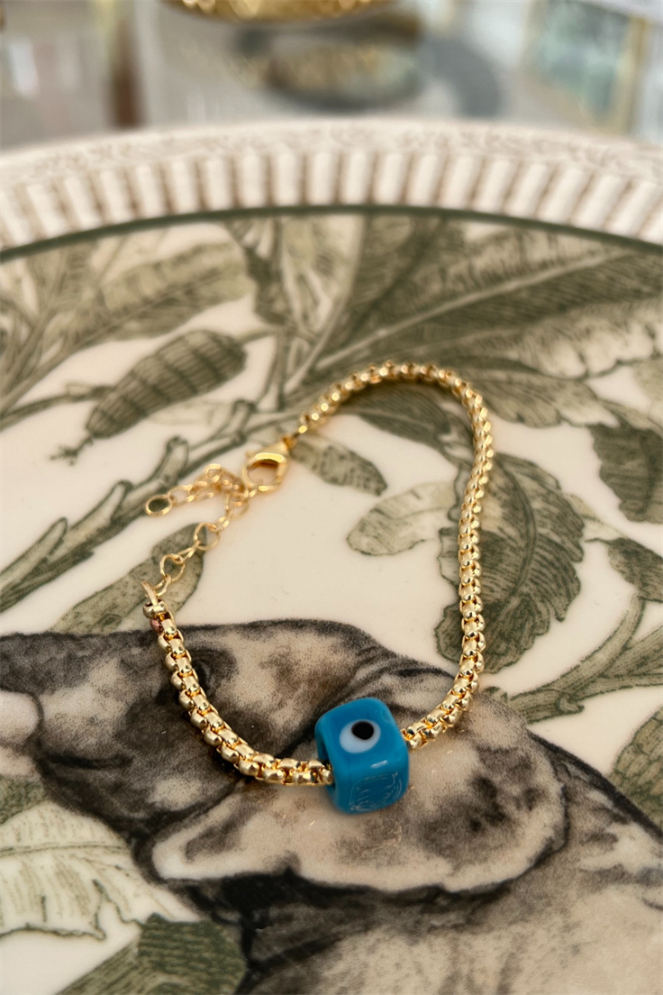 Mavi Gözlü Nostalji Boncuklu Yılan Zincir Model Künye Gold