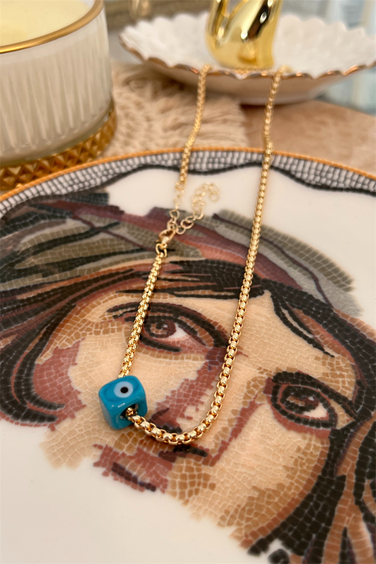 Mavi Gözlü Nostalji Boncuklu Yılan Zincir Model Kolye Gold