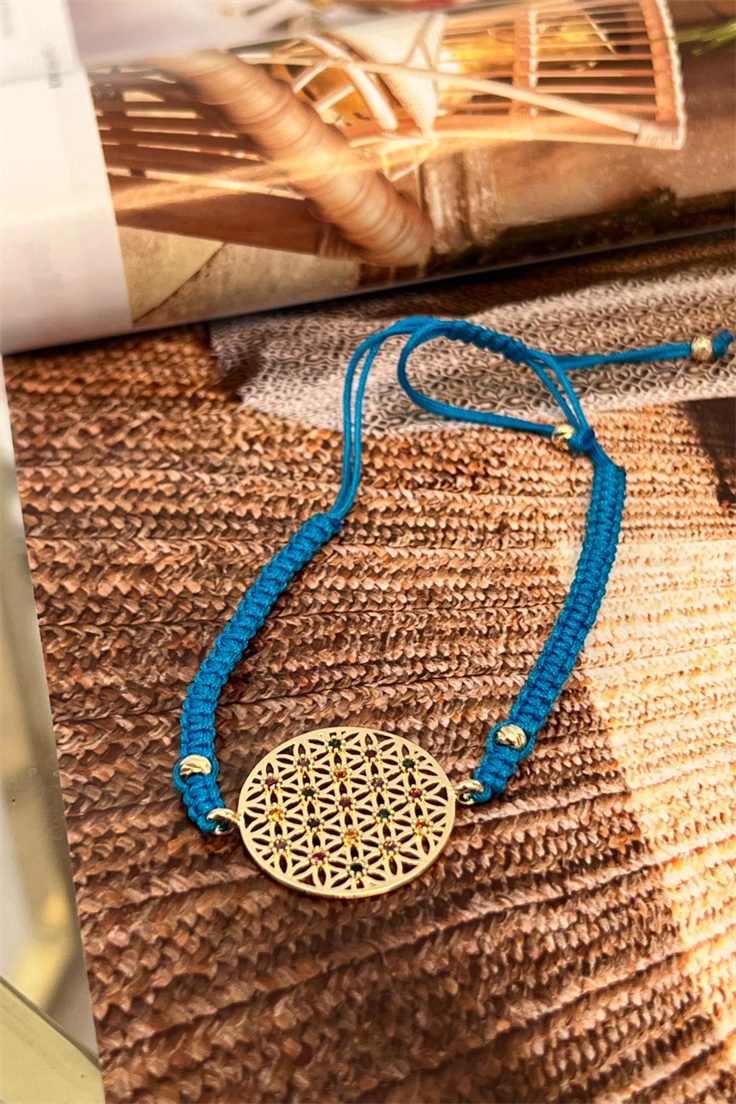 Mavi İp Model Yaşam Çiçeği Asansör Ayarlı Bileklik Gold