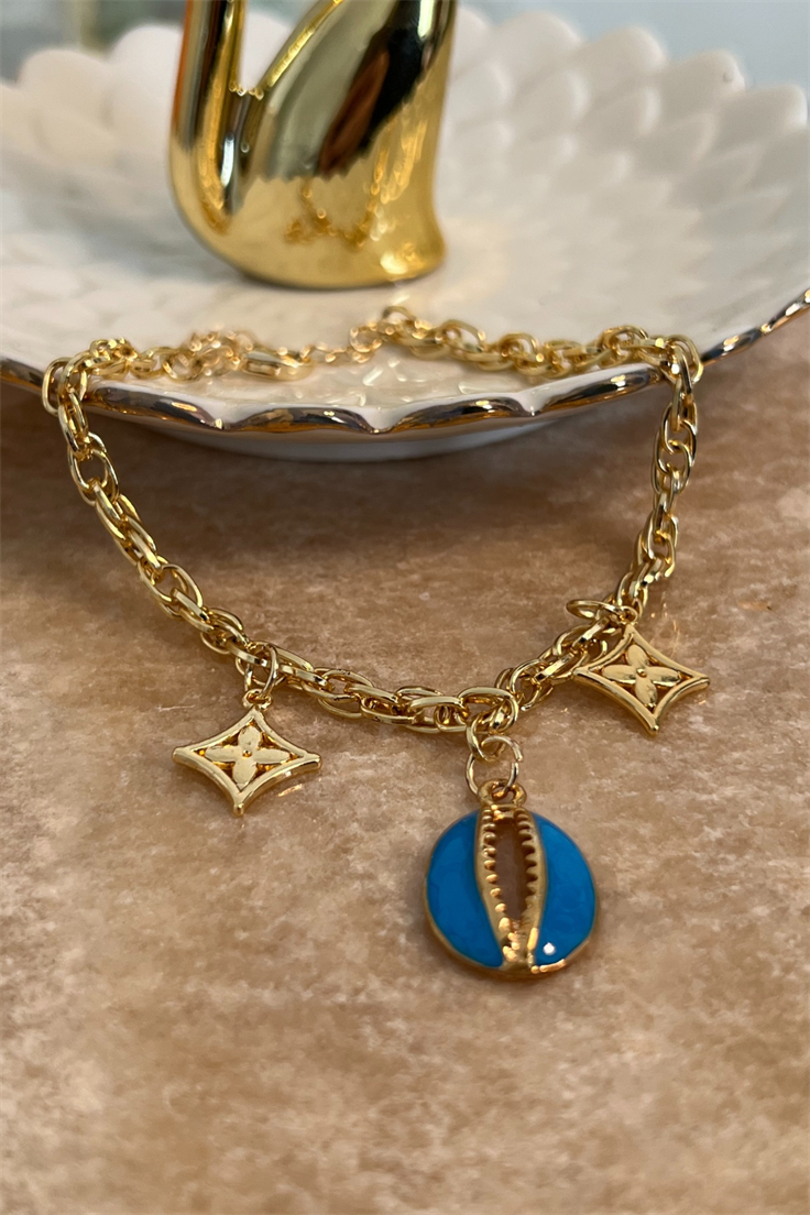 Mavi Mineli Deniz Kabuklu Yonca Sallantılı Halhal Gold