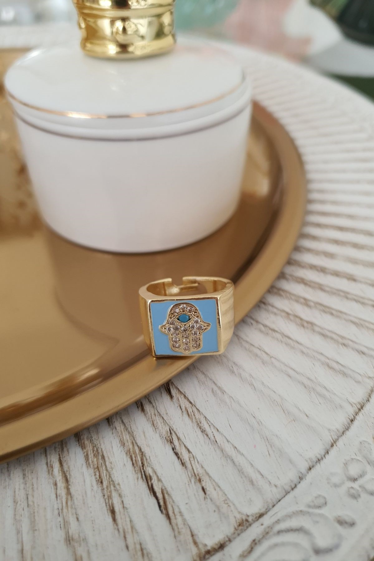 Mavi Mineli Fatma Ana Eli Model Yüzük Gold