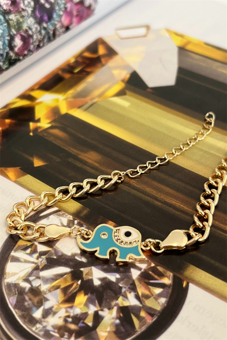 Mavi Mineli Fil Model Zincir Künye Gold