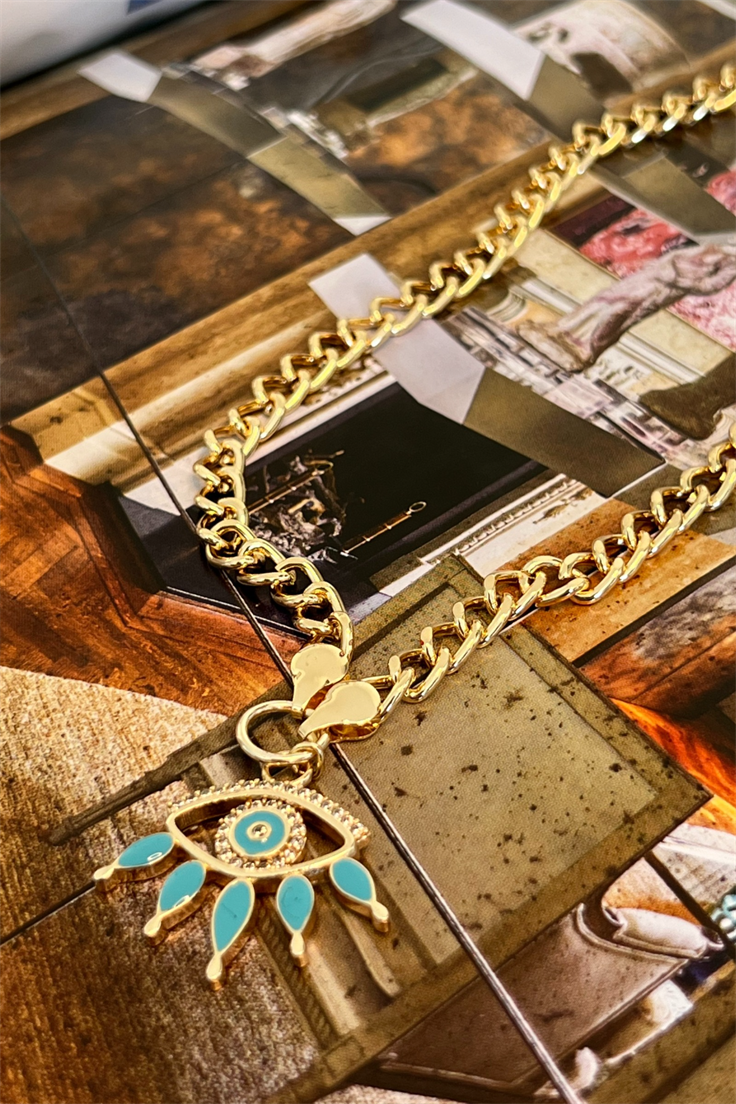 Mavi Mineli Göz Model Halka Detaylı Kolye Gold
