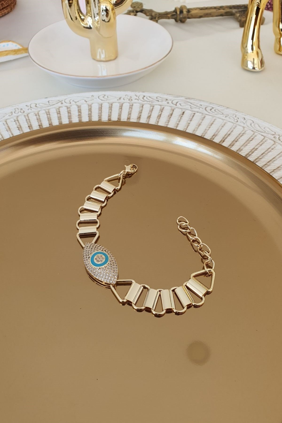 Mavi Mineli Göz Model Yanları Plaka Bileklik Gold