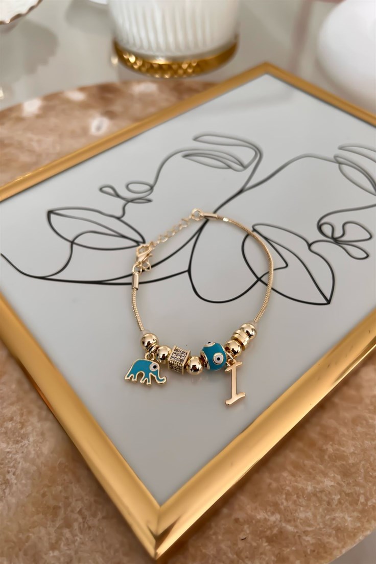 Mavi Mineli İ Harfli Fil Model Bileklik Gold