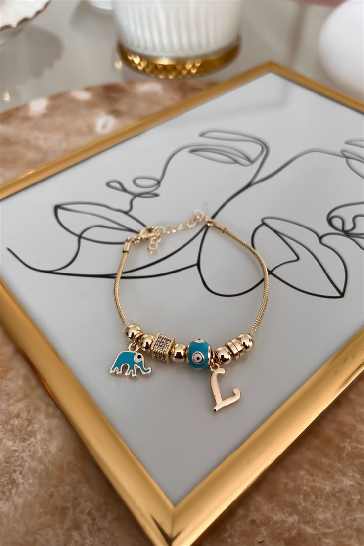 Mavi Mineli L Harfli Fil Model Bileklik Gold