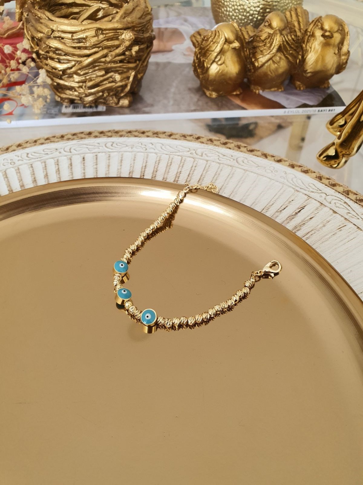 Mavi Mineli Nazar Model Dorika Sıralı Künye Gold