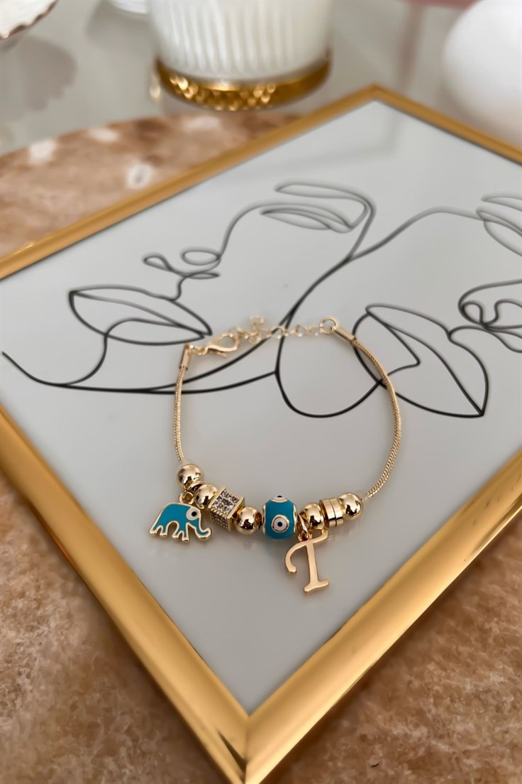 Mavi Mineli T Harfli Fil Model Bileklik Gold