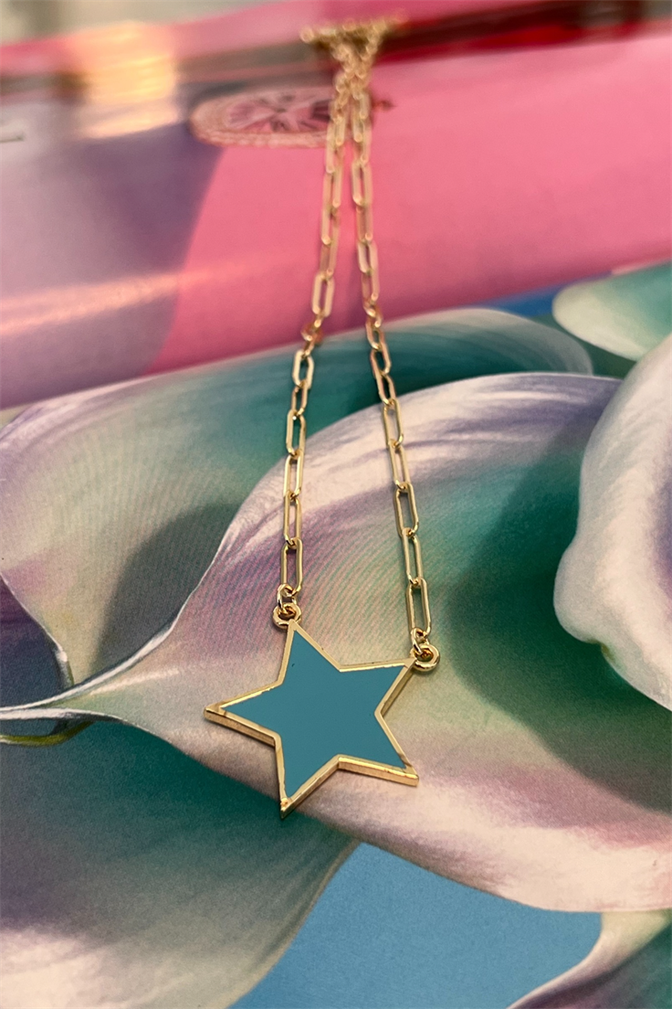 Mavi Mineli Yıldız Model Kolye Gold