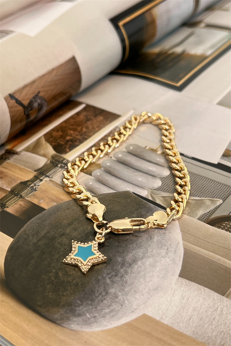 Mavi Mineli Yıldız Model Önden Kilitli Bileklik Gold