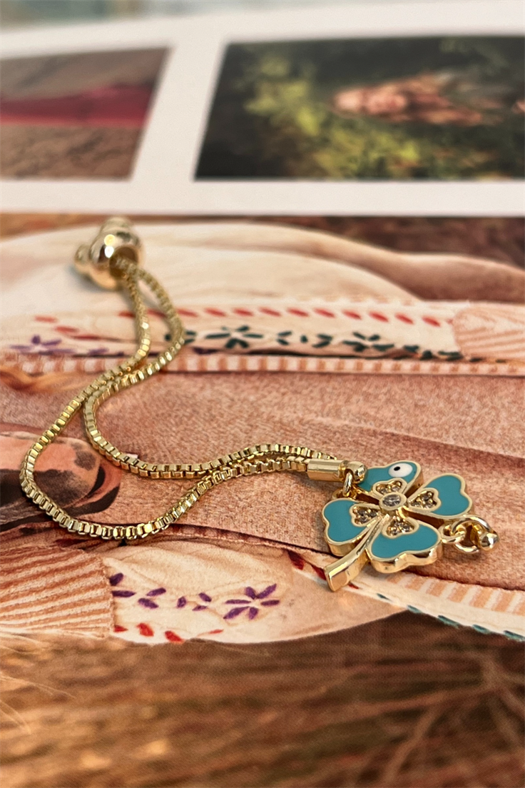 Mavi Mineli Yonca Model Nazar Detay Asansör Ayarlı Bileklik Gold