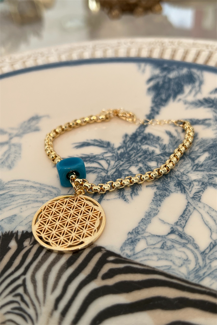Mavi Nostalji Boncuklu Yaşam Çiçeği Sallantılı Biileklik Gold