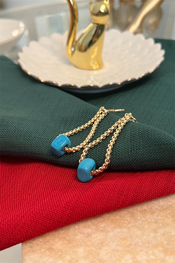 Mavi Nostalji Boncuklu Zincir Model Küpe Gold