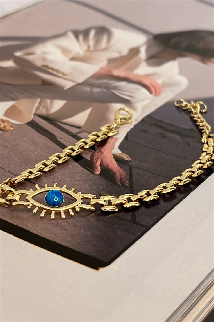 Mavi Opal Taşlı Göz Model Ezme Zincirli Bileklik Gold