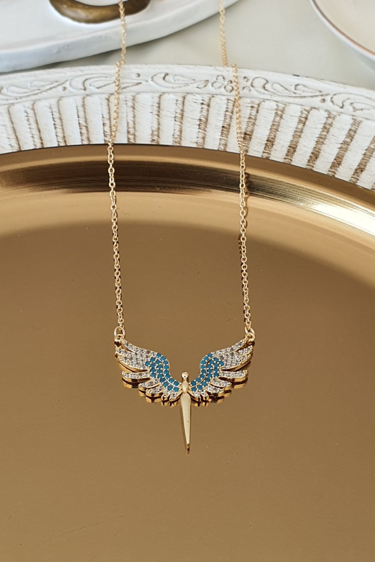 Mavi Zirkon Taşlı Mikail Model Kolye Gold