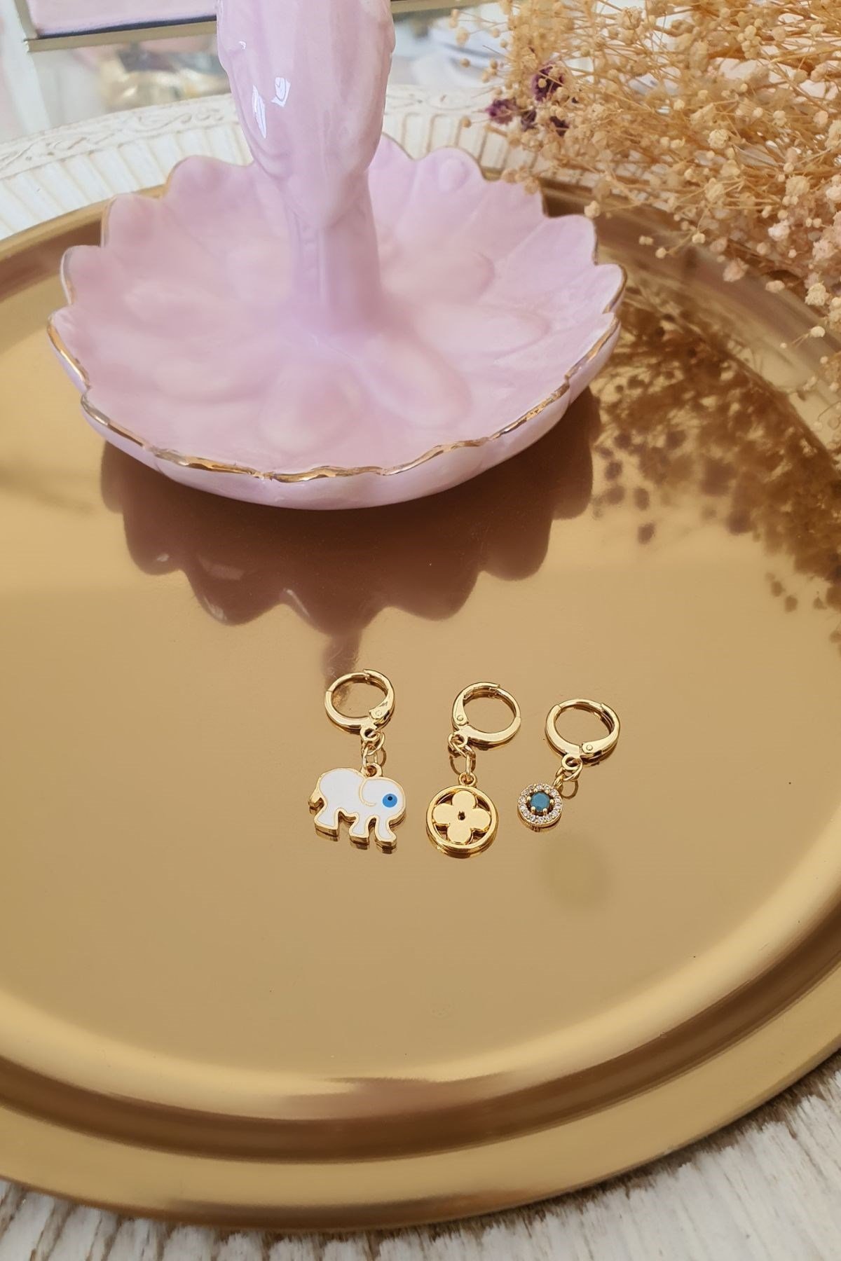 Mavi Zirkon Taşlı Set Küpe Gold