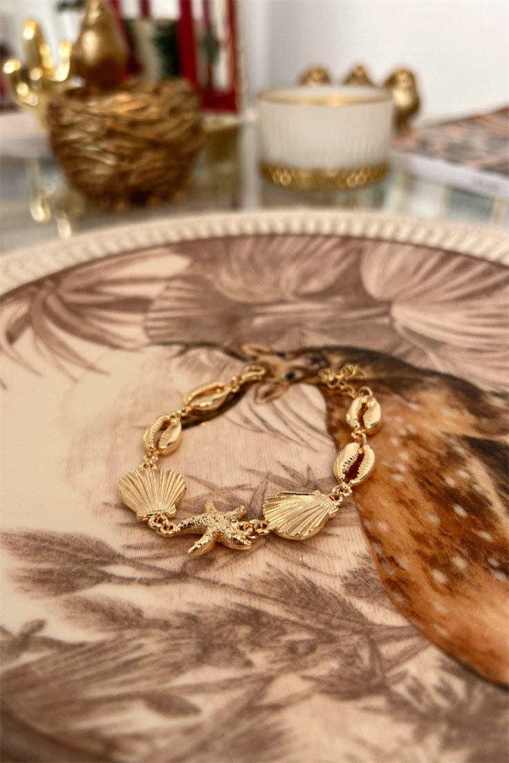 Midye İstiridye Ve Deniz Yıldızı Motifli Bileklik Gold