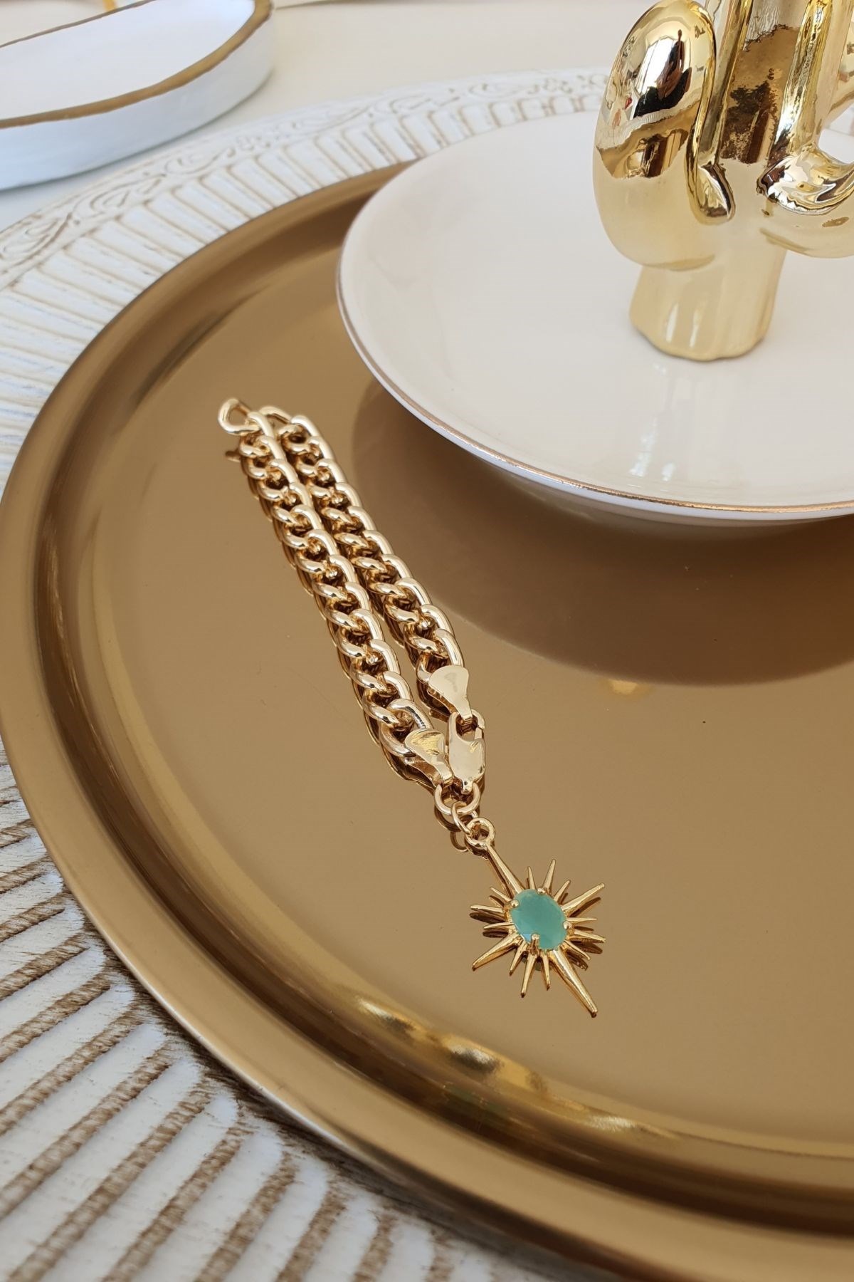 Mint Opal Taşlı Önden Kilitli Kutup Yıldızı Model Bileklik Gold