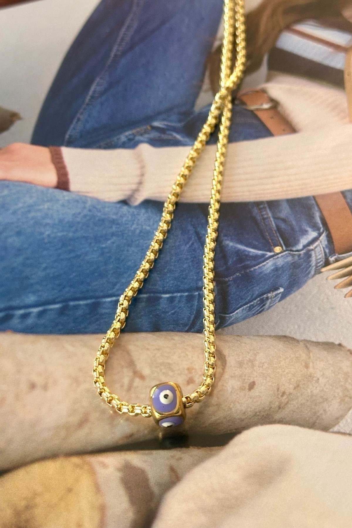 Mor Mineli Nazar Model Sık Zincirli Kolye