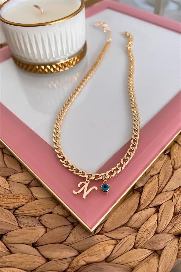 N Harfli ve Nazar Sallantılı İnce Nostalji Zincirli Kolye Gold