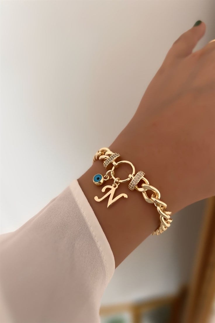 N Harfli ve Nazar Sallantılı Zirkon Taşlı Halka Bileklik Gold