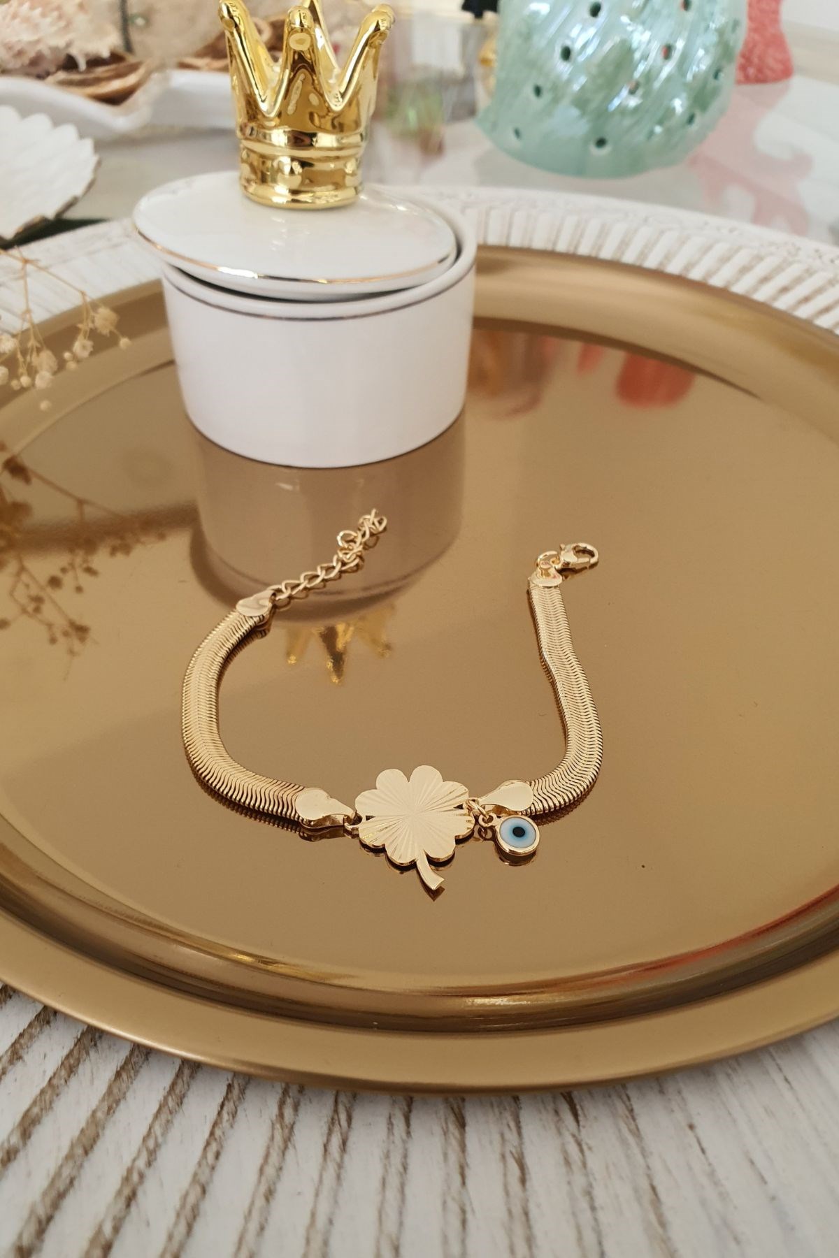 Nazar Detaylı İtalyan Ezme Zincirli Yonca Bileklik Gold