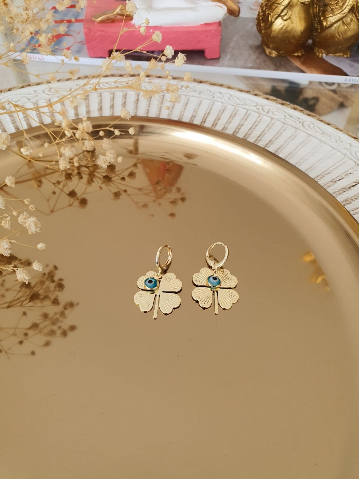Nazar Detaylı Yonca Model Küpe Gold