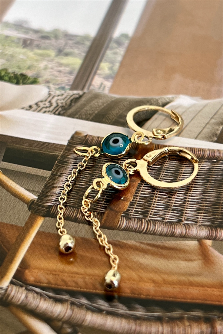 Nazar Detaylı Zincir Sallantılı Küpe Gold