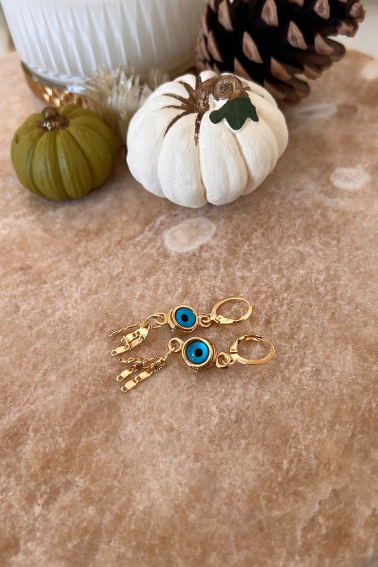 Nazar Detaylı Zincir Sallantılı Küpe Gold