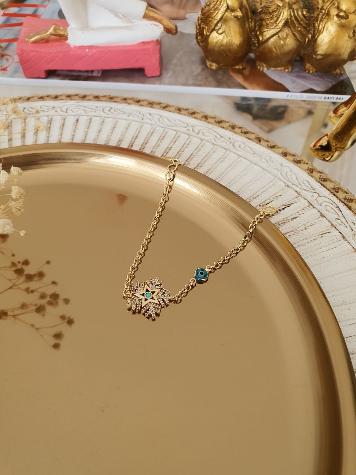 Nazar Detaylı Zirkon Taşlı Kar Tanesi Bilekliik Gold