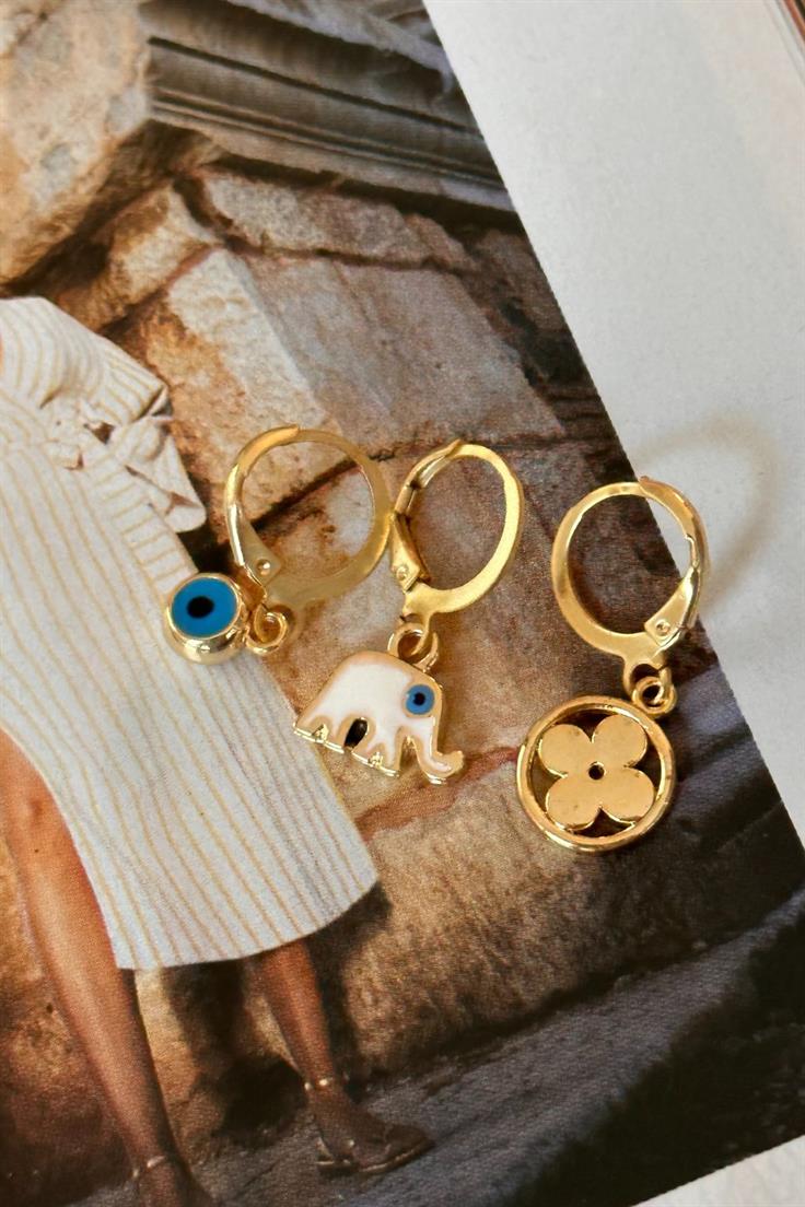 Nazar, Fil ve Yonca Figürlü Set Küpe