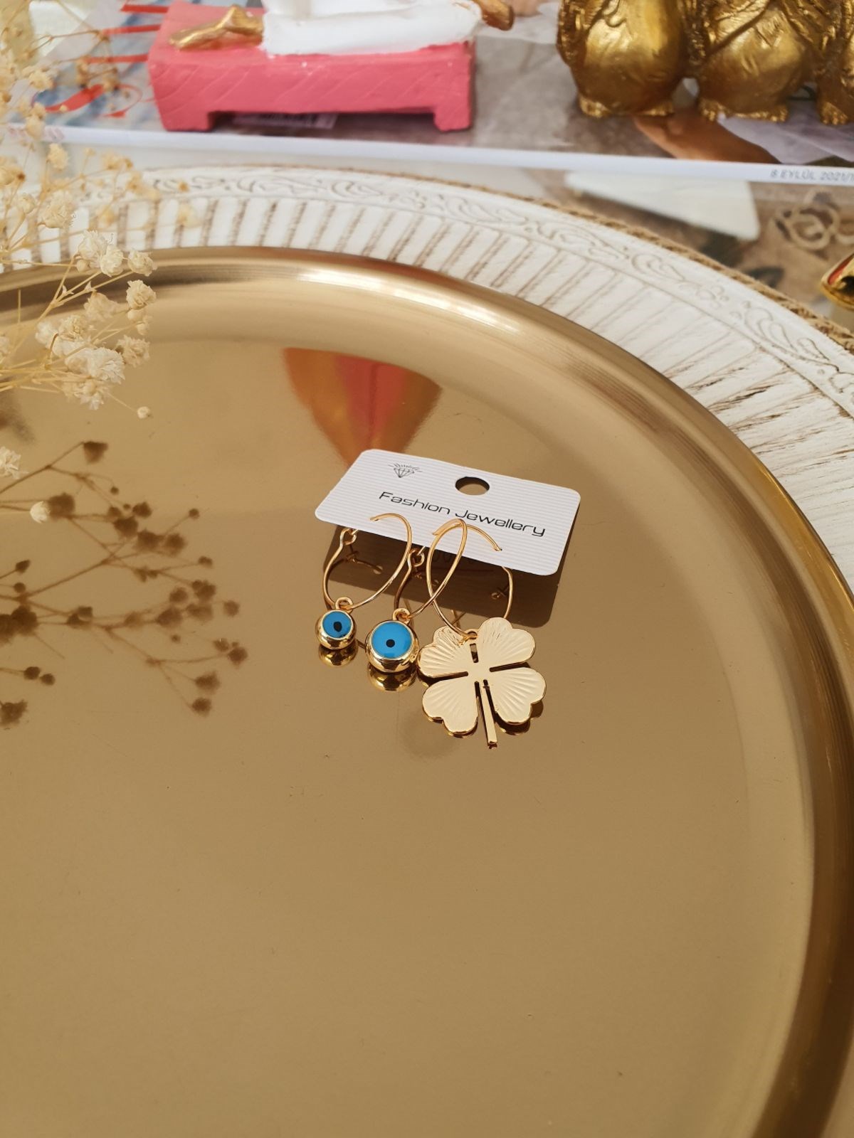 Nazar Yonca Model Set Küpe Gold