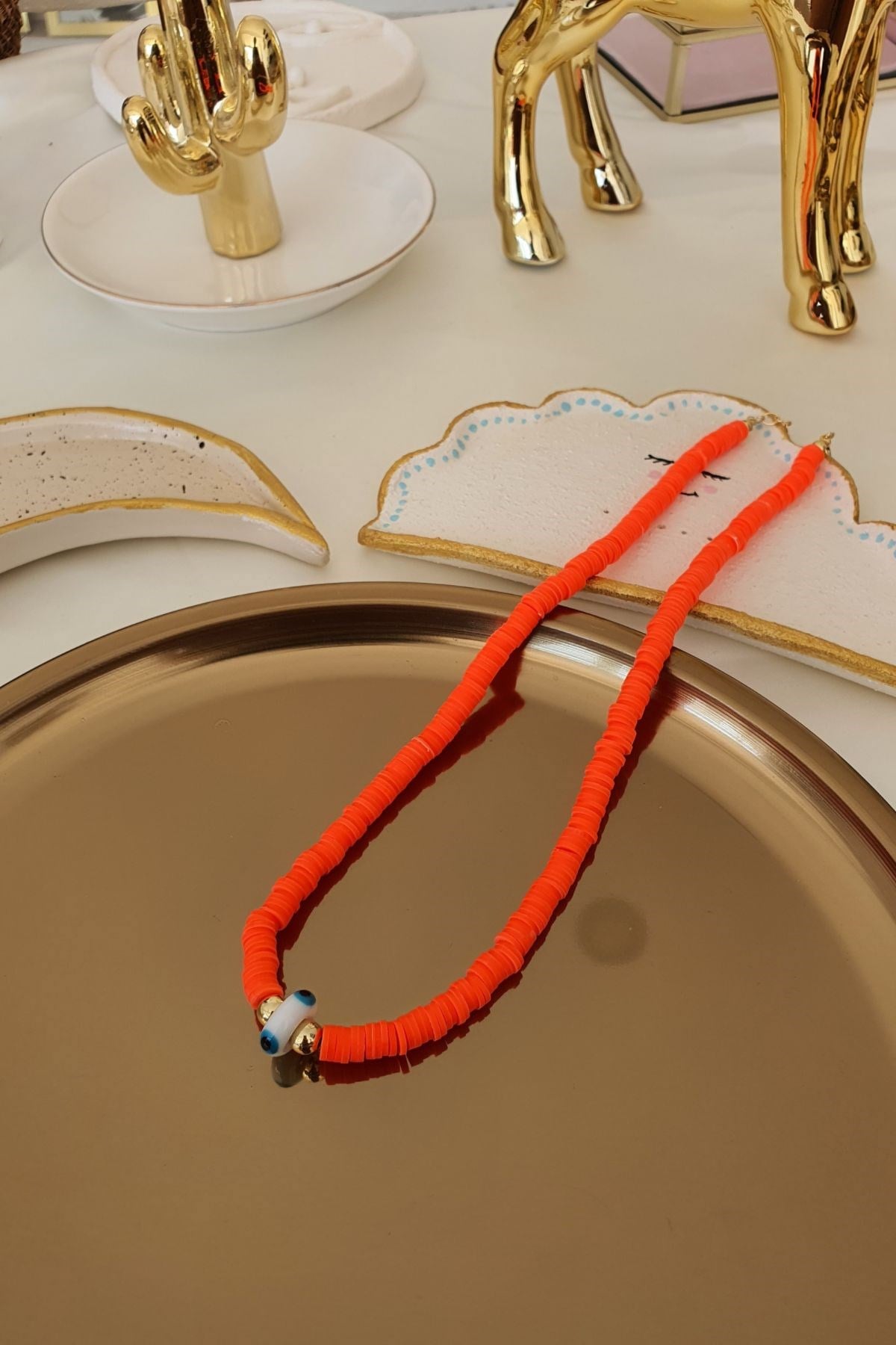Neon Renk Fimo Hamurlu Nazar Kolye Gold