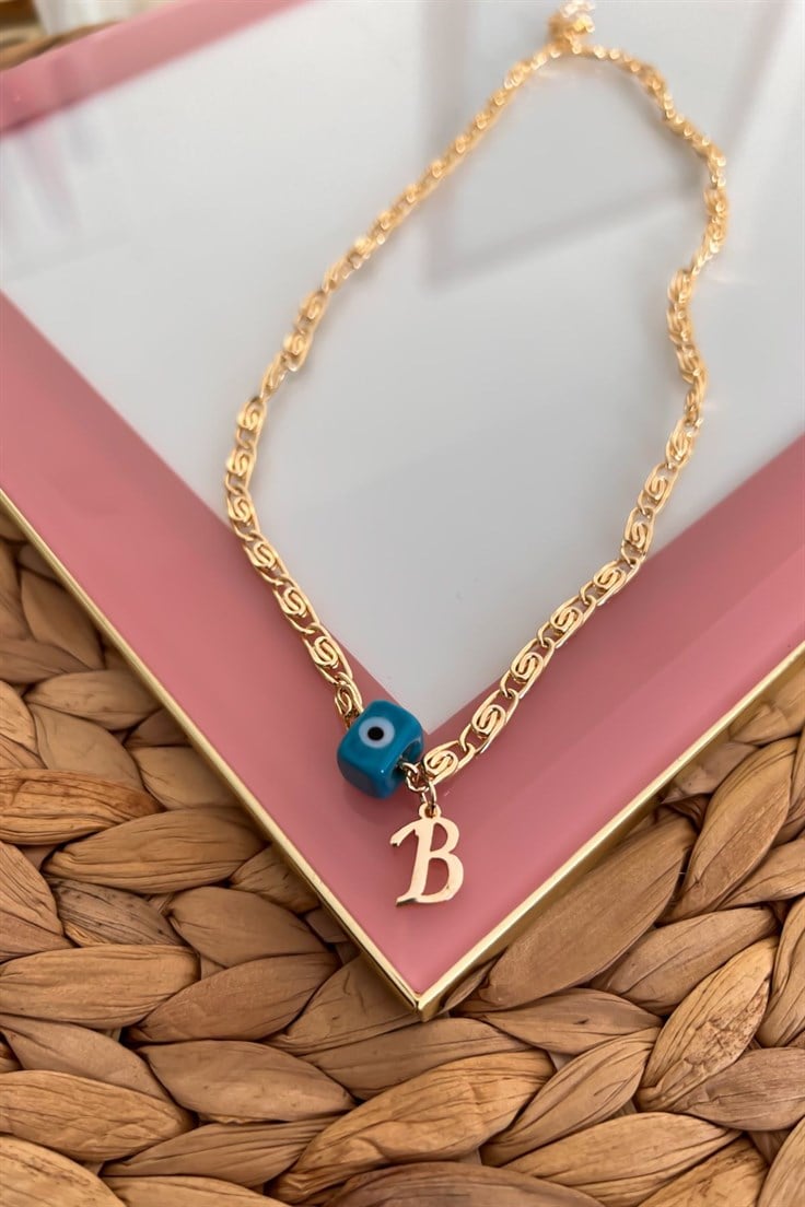 Nostalji Boncuklu B Harfli Ezme Zincirli Kolye Gold