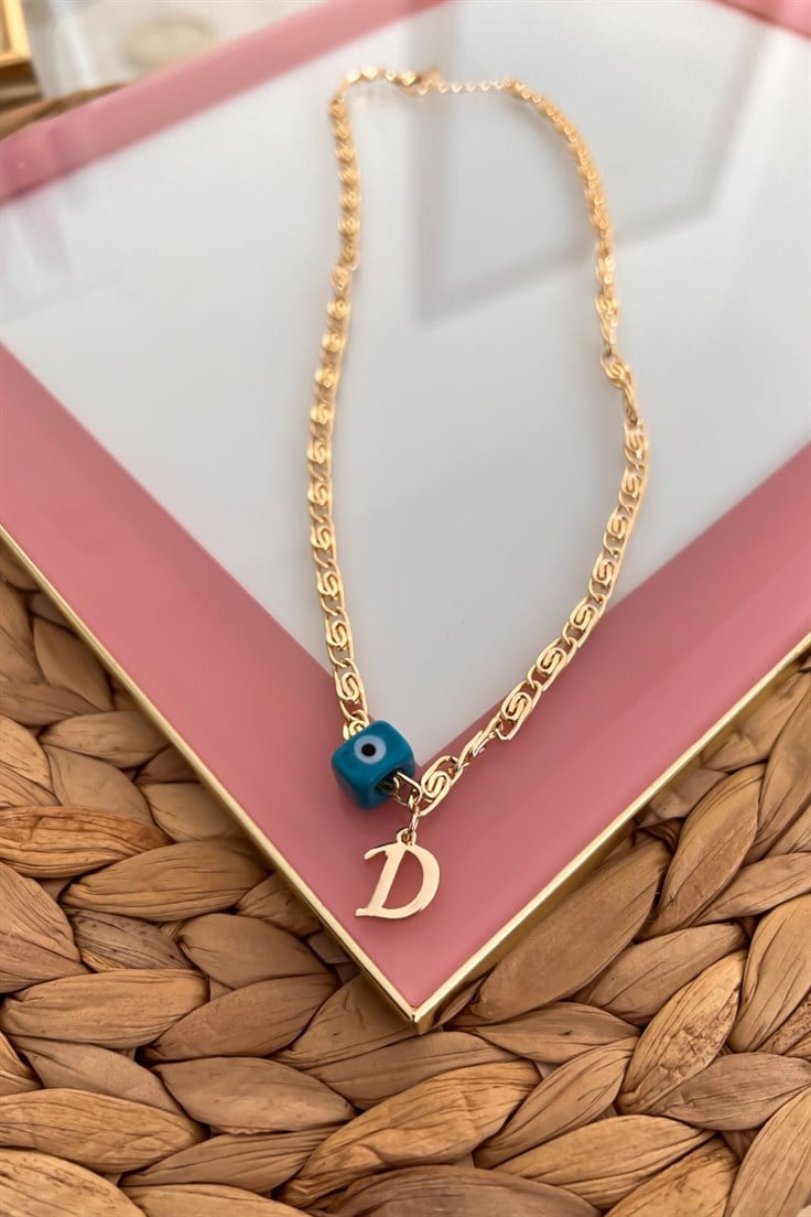 Nostalji Boncuklu D Harfli Ezme Zincirli Kolye Gold