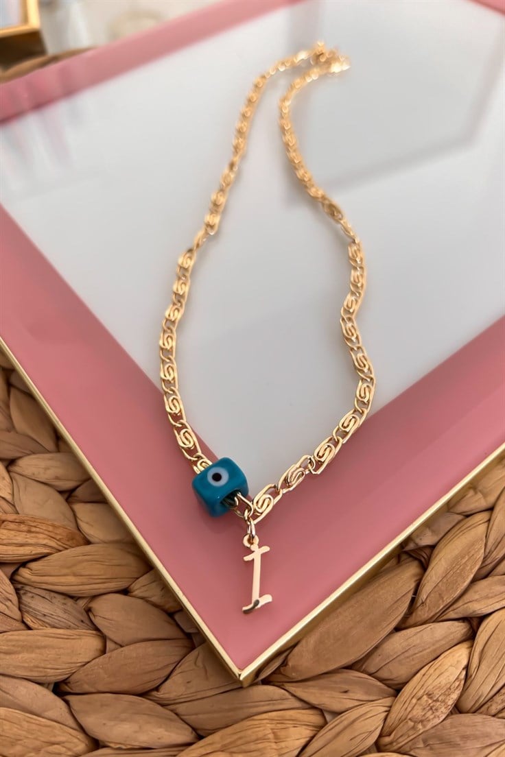 Nostalji Boncuklu İ Harfli Ezme Zincirli Kolye Gold