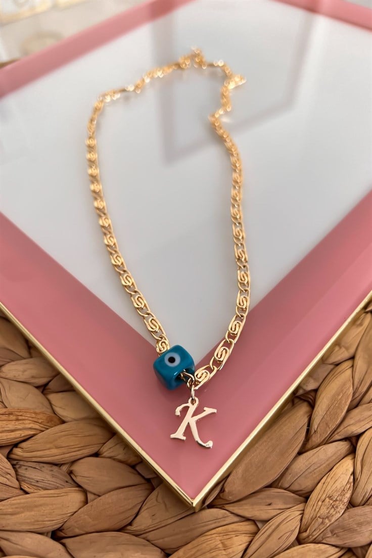 Nostalji Boncuklu K Harfli Ezme Zincirli Kolye Gold