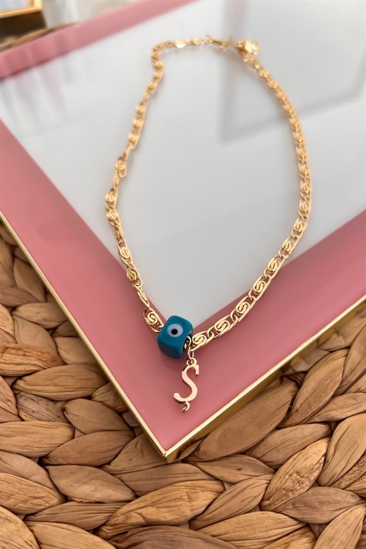 Nostalji Boncuklu Ş Harfli Ezme Zincirli Kolye Gold