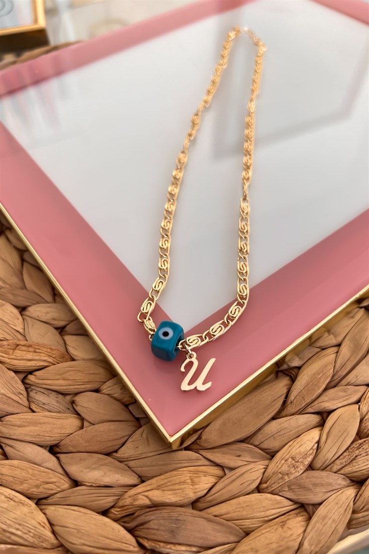 Nostalji Boncuklu U Harfli Ezme Zincirli Kolye Gold