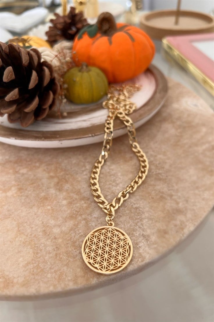 Nostalji Zincirli Yaşam Çiçeği Kolye Gold