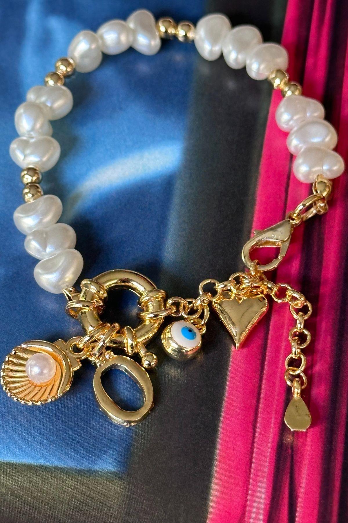 Ö Harfli İnci Model İstiridye,Nazar ve Kalp Sallantılı Tasarım Bileklik